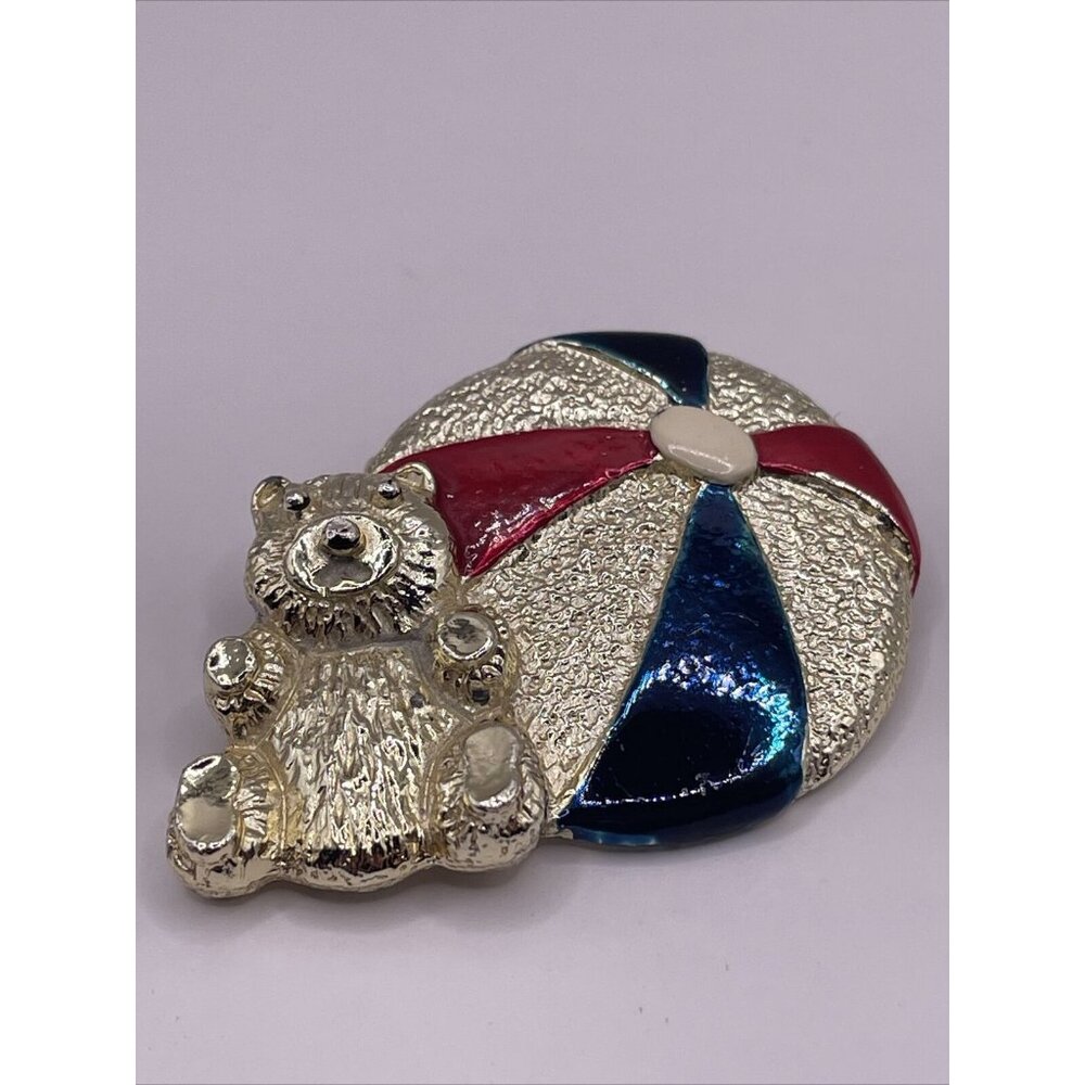 Gerry’s Rare Bear Beach Ball Vintage‎ Brooch Pin Enamel Gold Tone Red Blue